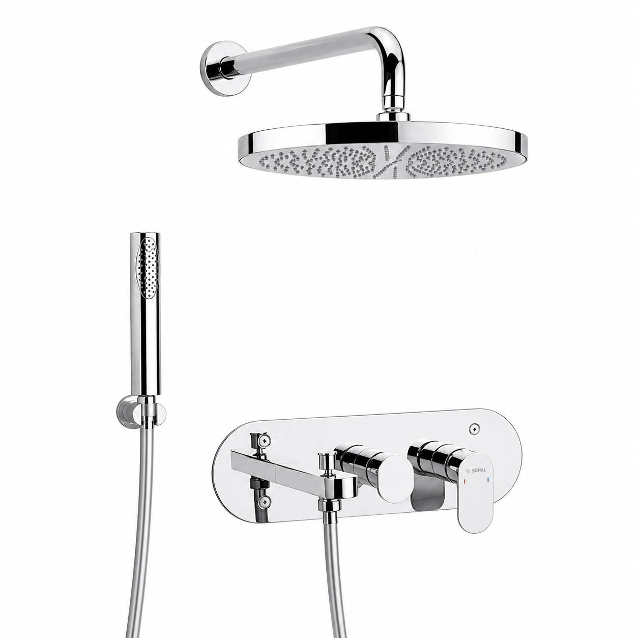 SOPAL Kit Mitigeur Bain/Douche Encastré 3 Sorties Série Sfax Réf. 06CHA04 — Inverseur Automatique 3 Fonctions Verrouillable, Douche de Tête Orientable avec Bras, Douchette à Main avec Flexible et Support, Cartouche Céramique Ø35mm Water Saving, Chromé NF EN ISO 1456, Laiton, Garantie 5 Ans, Made in Tunisia | SQES Tunisie
