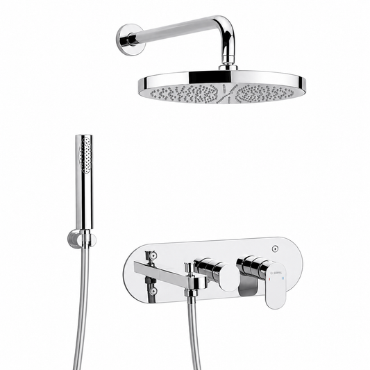 SOPAL Kit Mitigeur Bain/Douche Encastré 3 Sorties Série Sfax Réf. 06CHA04 — Inverseur Automatique 3 Fonctions Verrouillable, Douche de Tête Orientable avec Bras, Douchette à Main avec Flexible et Support, Cartouche Céramique Ø35mm Water Saving, Chromé NF EN ISO 1456, Laiton, Garantie 5 Ans, Made in Tunisia | SQES Tunisie
