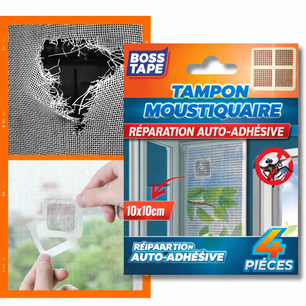Kit réparation moustiquaire Boss Tape 4 patchs autocollants – répare trous et déchirures fenêtres, portes et tentes camping
