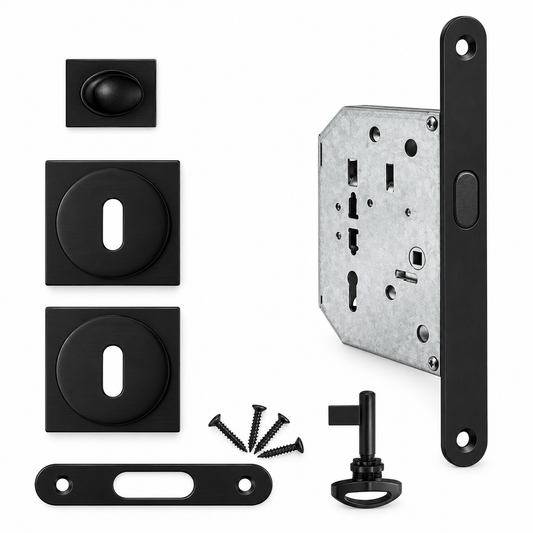 Kit serrure 58 PT carré ART DOOR — finitions Noir et SN, kit de serrurerie poignée et serrure, rosace carrée, quincaillerie et sécurité de porte | SQES Tunisie
