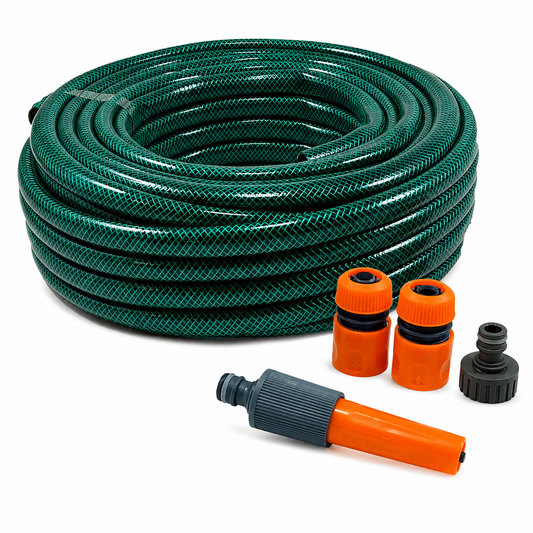 Kit Tuyau d'Arrosage 15m Vert Résistant UV 8 Bar — Structure 3 Couches Lance Réglable 2 Raccords Rapides Inclus | SQES Tunisie

