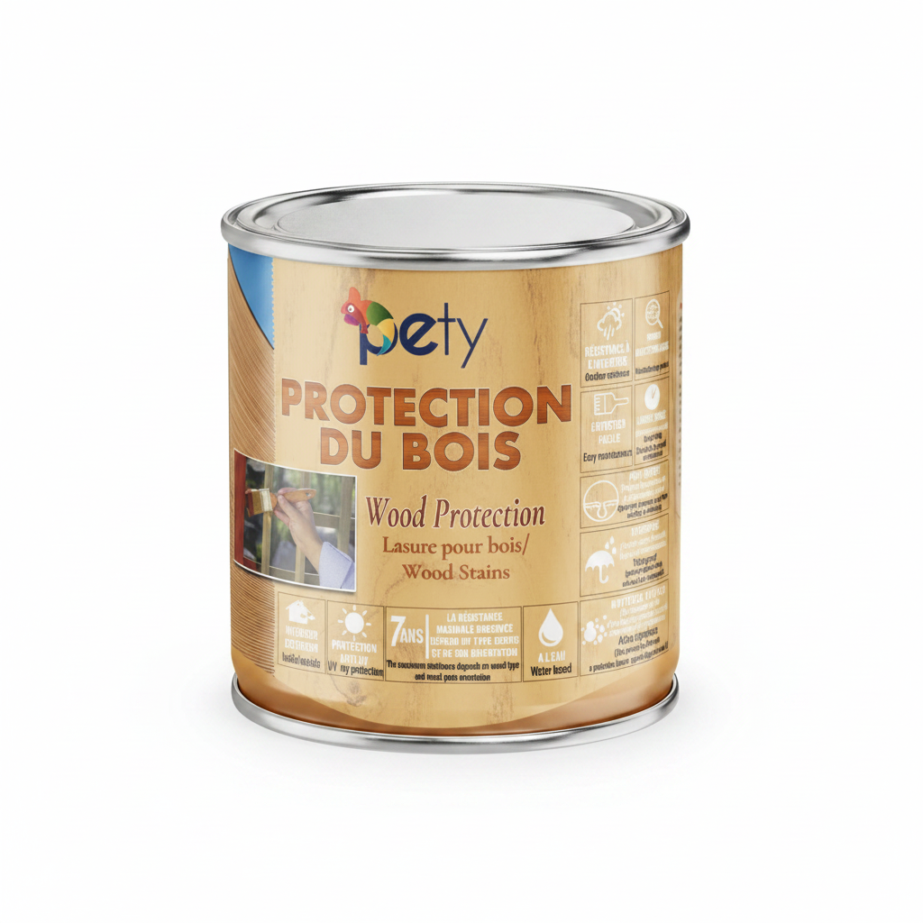Lasure 3en1 Protection du Bois PETY – hydrofuge, anti-UV, protection 7 ans garantie, finition satinée, 8 coloris disponibles, formule écologique base eau
