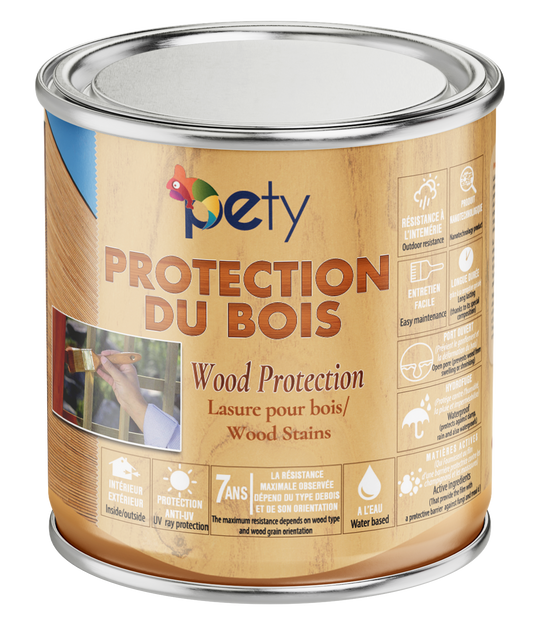 Lasure 3en1 Protection du Bois PETY – hydrofuge, anti-UV, protection 7 ans garantie, finition satinée, 8 coloris disponibles, formule écologique base eau
