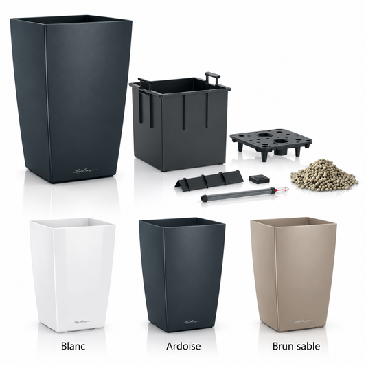 Pot haut LECHUZA CUBICO Color 30, 30 × 30 × 56 cm, réservoir 4 L et volume de plantation 14 L, disponible en 3 couleurs.