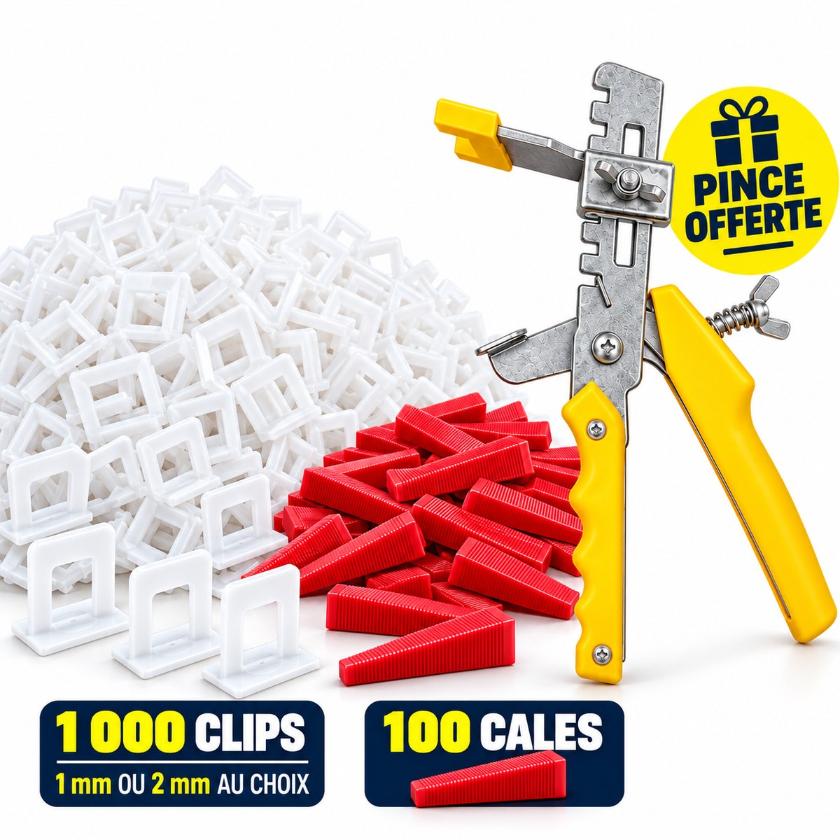 Pack nivellement carrelage – 1 000 clips + 100 cales + pince offerte