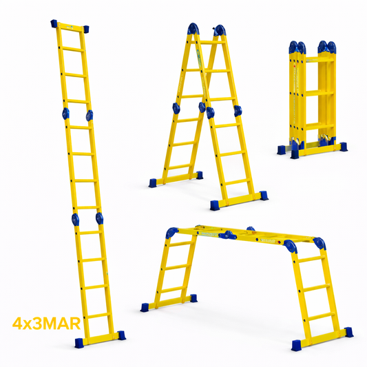 Échelle multifonction aluminium 4x3 marches hauteur 3,40m articulée escabeau pieds antidérapants 3kg – Location à la journée | SQES Tunisie
