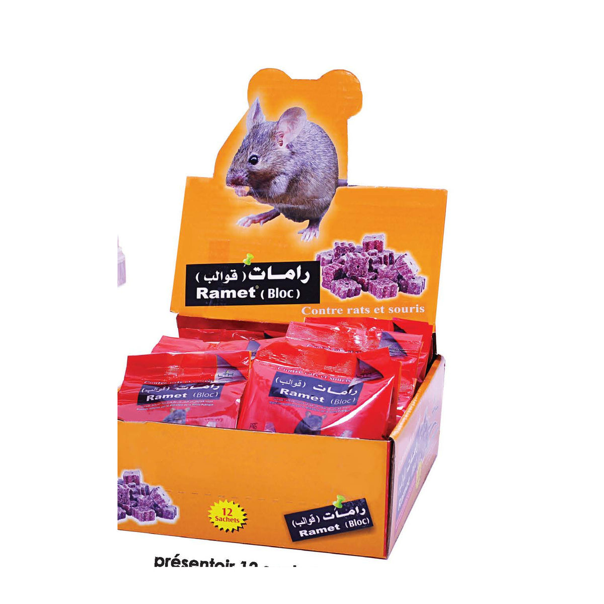 RAMET Bloc LTH 100 g, présentoir de sachets de blocs raticides, photographie catalogue LTH