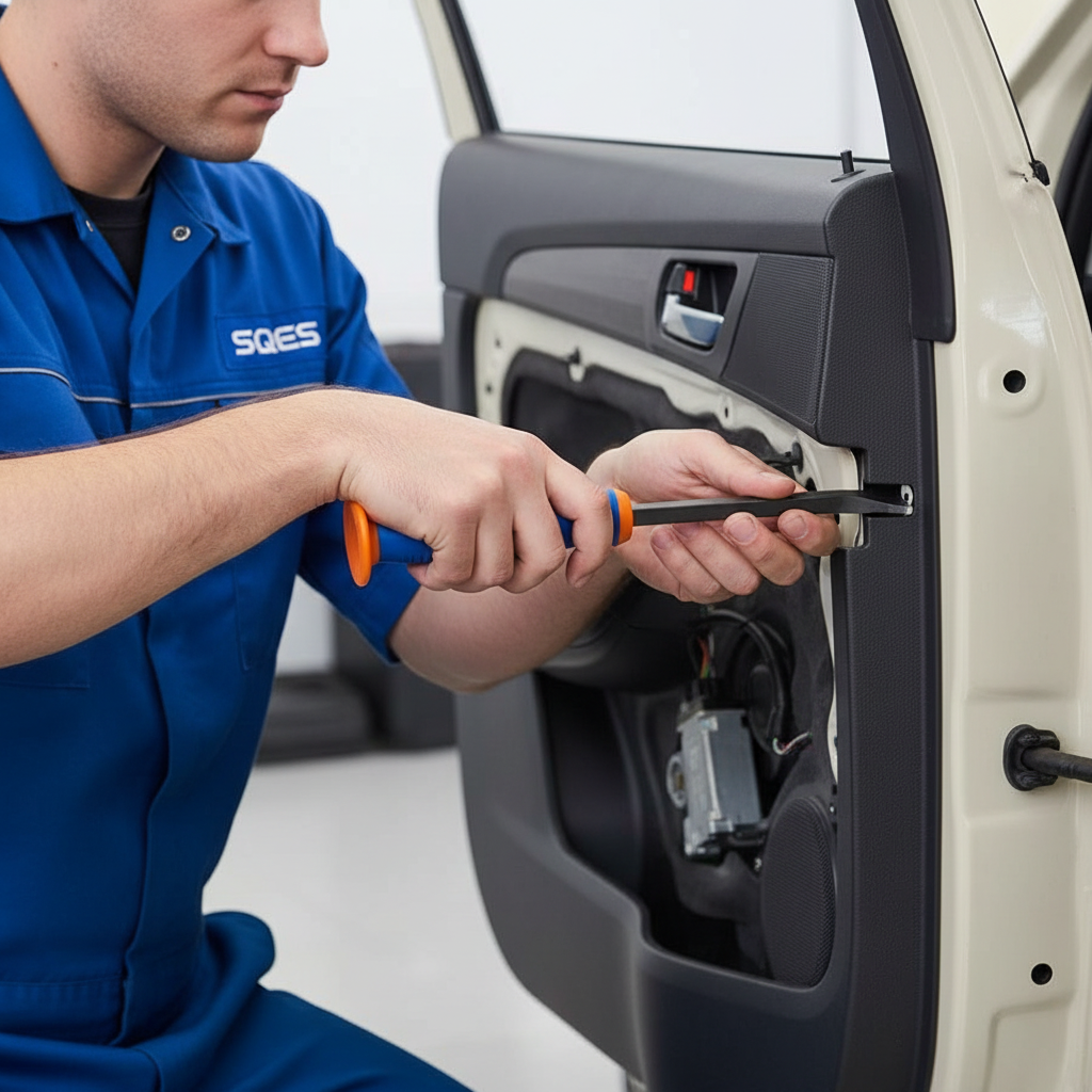 Mécanicien utilisant le levier sur portière