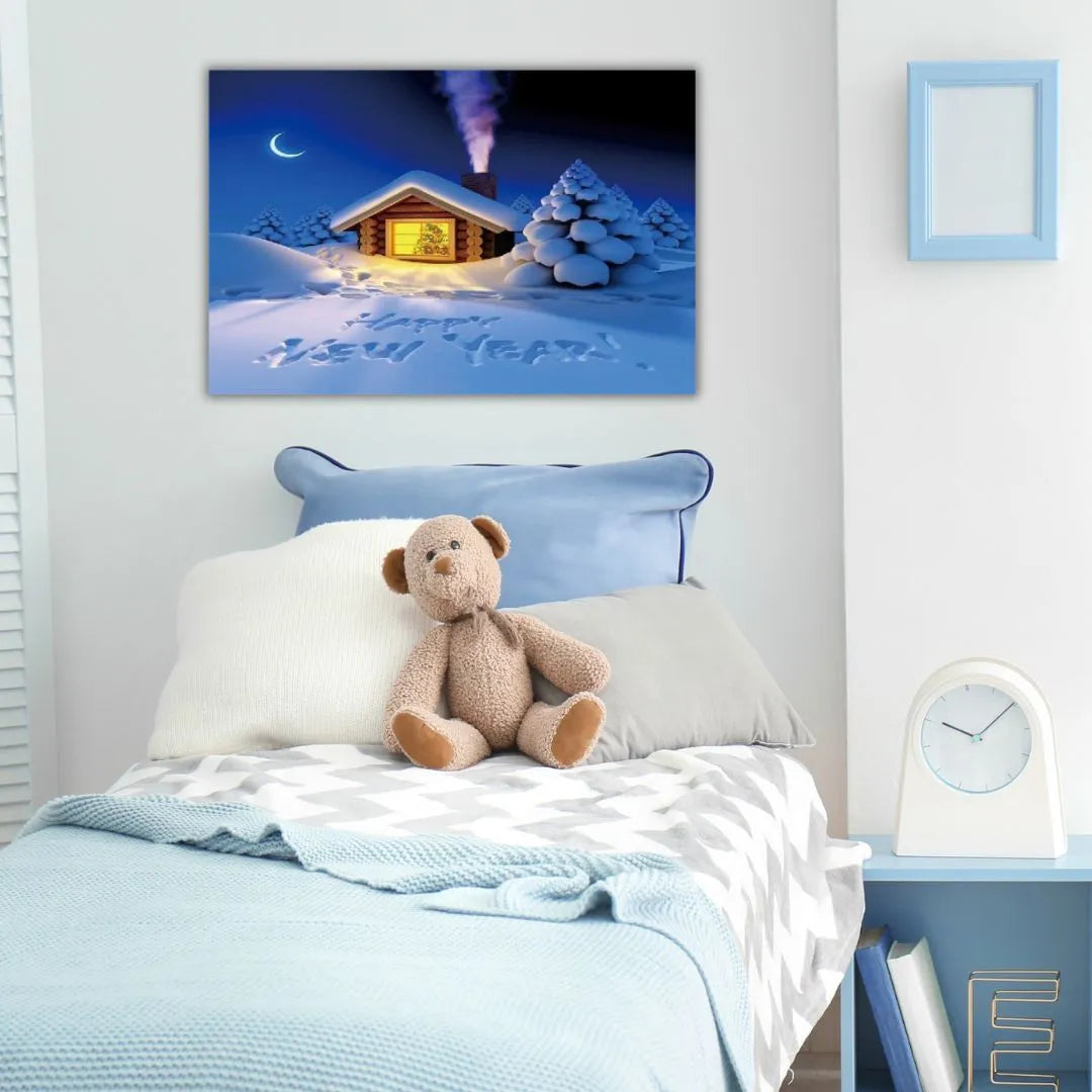 Tableau Happy New Year Neige 40X60cm imprimé sur Toile Textile Haute qualité (avec éclairage LED lumineux) - SQES
