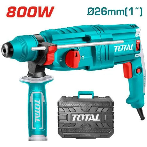 Marteau perforateur filaire TOTAL TH308268 SDS+ 800W – 2,5J, 5300bpm, béton 26mm, 3 modes percussion/perçage/burinage, 3 forets + 2 burins inclus