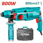 Marteau perforateur filaire TOTAL TH308268 SDS+ 800W – 2,5J, 5300bpm, béton 26mm, 3 modes percussion/perçage/burinage, 3 forets + 2 burins inclus