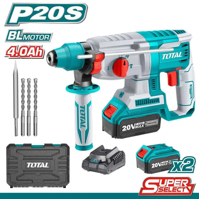 Marteau Perforateur Sans Fil TOTAL TRHLI202287 SDS+ 20V Brushless 2×4Ah Chargeur Rapide 3 Forets Burin Valise — SQES Tunisie
