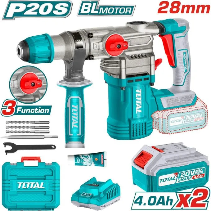 Marteau Perforateur - sds+ - 2 Batterie 20V - SQMarteau perforateur sans fil TOTAL TRHLI202882 SDS+ 20V brushless – 4,5J, 4400bpm, béton 28mm, 2 batteries 4Ah + chargeur + 3 forets inclus