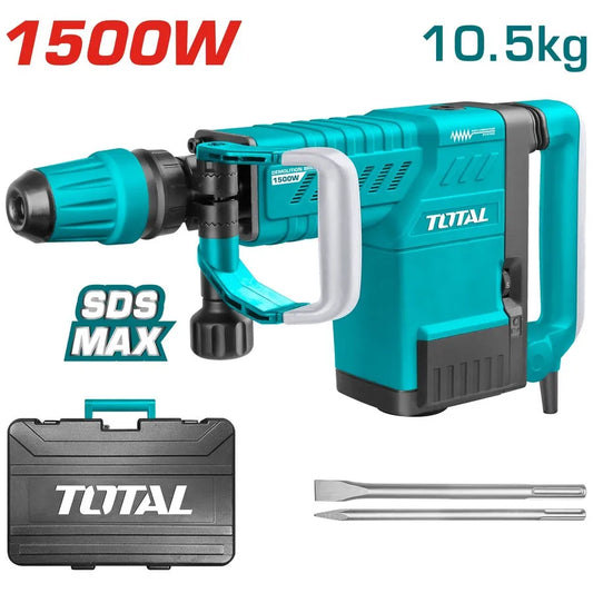 Marteau piqueur TOTAL TH215002 SDS-Max 1500W – 6-25J, 1000-1900bpm, anti-vibration, arrêt auto balais, verrouillage burin, 2 ciseaux inclus, 11kg

