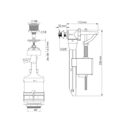 MECANISME DE CHASSE A POUSSOIR "ROSA" AVEC FLOTTEUR COMPACT LATERAL - EJIM - SQES