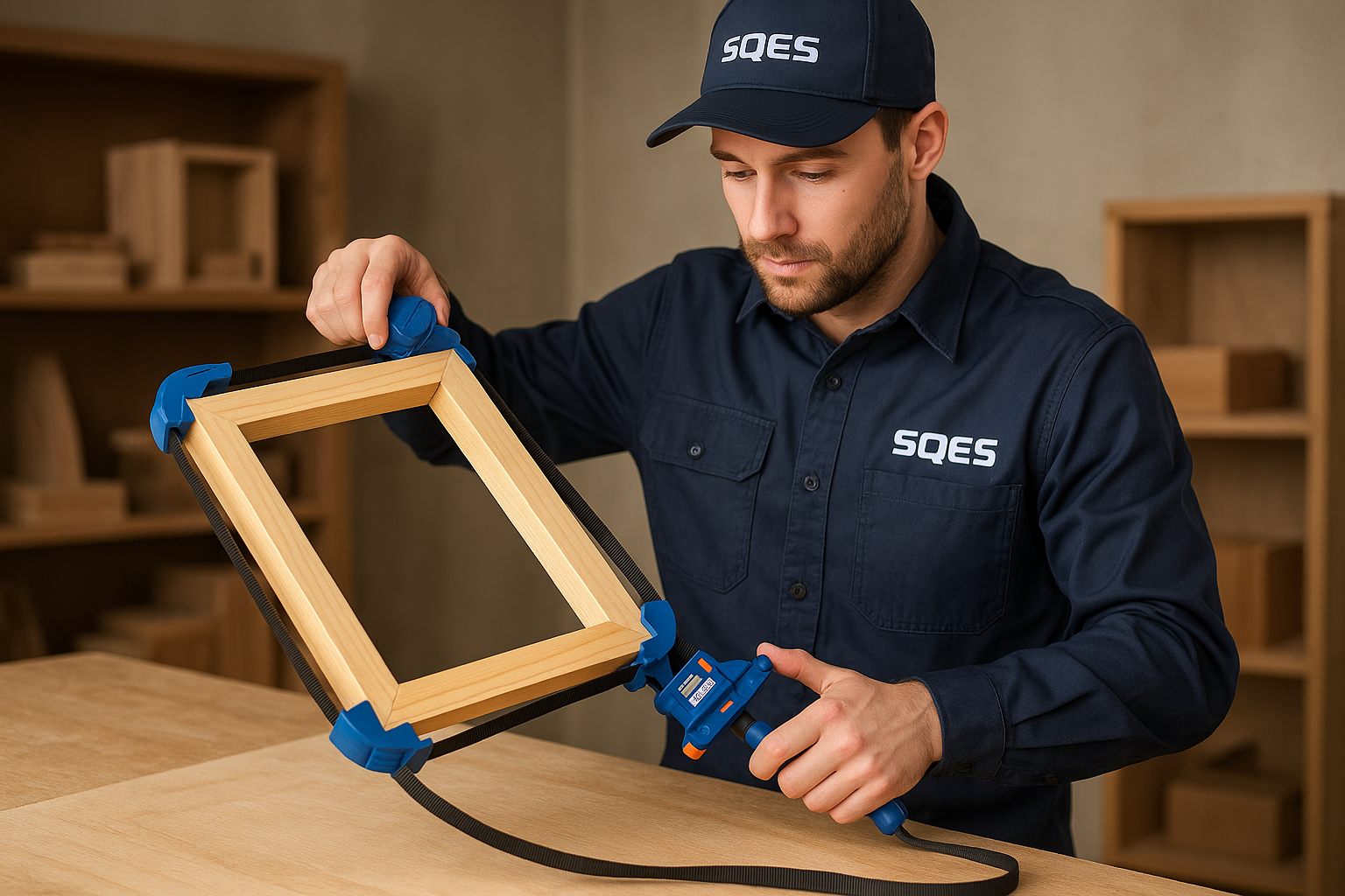 Menuisier en uniforme SQES utilisant la pince de cintrage