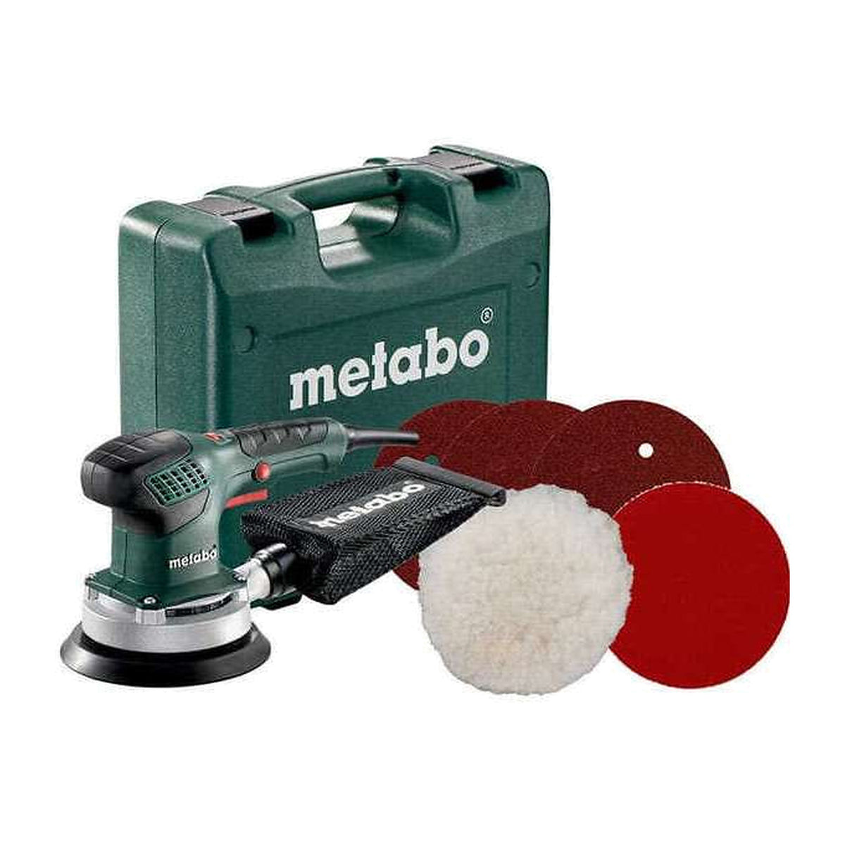 Ponceuse excentrique METABO SXE 3150 Set et accessoires, référence 690922000 – photographie réelle du produit et accessoires, fond blanc 1254 × 1254 px, SQES Tunisie