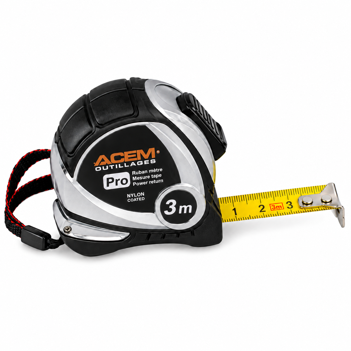 Mètre ruban professionnel ACEM Pro Chromé disponible en 3 m × 16 mm avec boîtier robuste et ruban protégé.