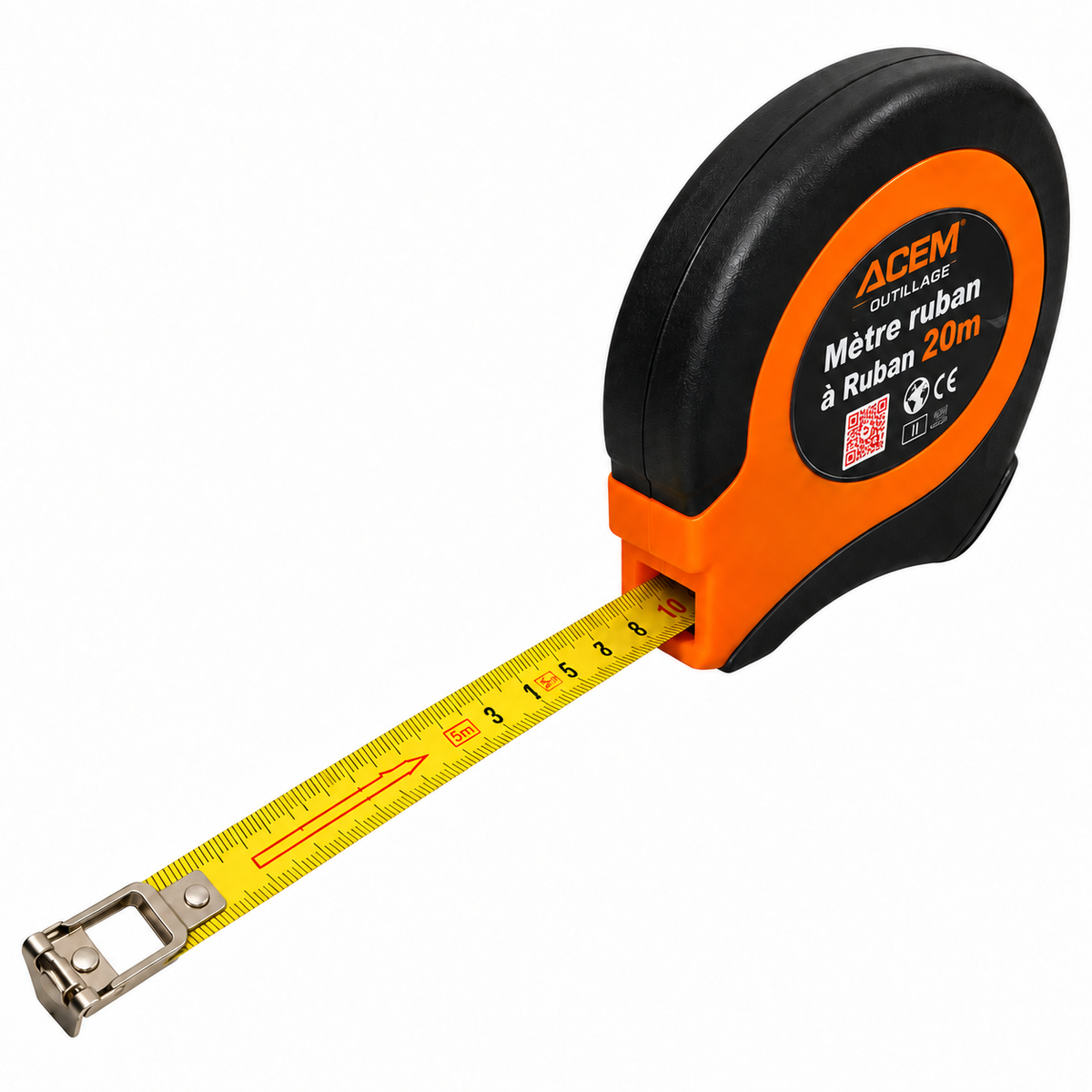 Mètre ruban acier ACEM de 20 mètres avec enrouleur manuel pour mesures de chantier, construction, aménagement et grandes distances.