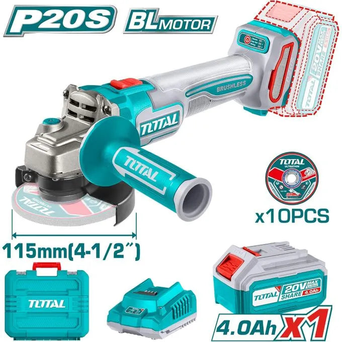 Meuleuse Angulaire Sans Fil TOTAL TAGLI211541 20V Brushless 115mm M14 3000-8500tr/min Batterie 4Ah Chargeur 10 Disques — SQES Tunisie
