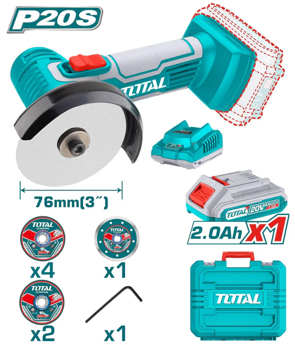 Meuleuse angulaire sans fil TOTAL TAGLI76012 20V 76mm batterie 2Ah 7 disques coupe meulage – SQES Tunisie
