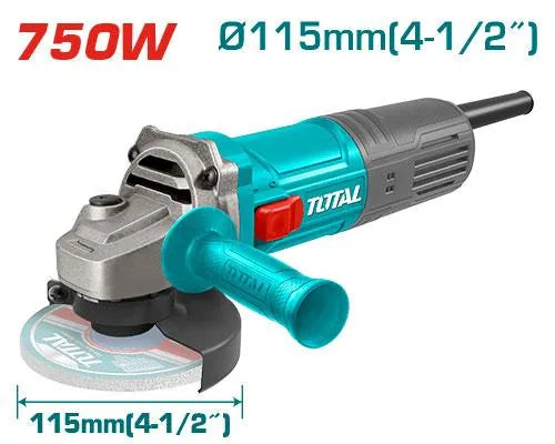 Meuleuse angulaire TOTAL TG10711556 750W – disque 115mm, broche M14, 12000 tr/min, 220-240V, poignée auxiliaire incluse, meulage ébavurage découpe