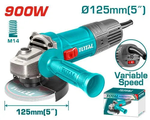 Meuleuse angulaire TOTAL TG109125565 900W – Ø125mm, 5000-11000tr/min, variateur de vitesse, broche M14, poignée auxiliaire incluse