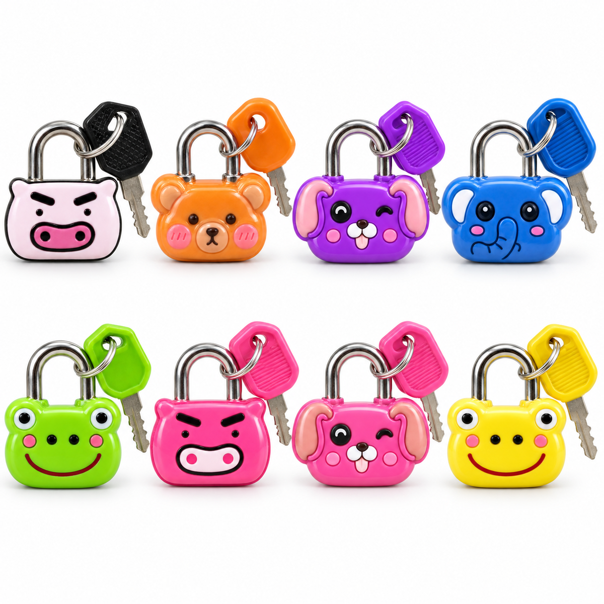 Mini cadenas BAGLOCK 23 mm avec clé : 8 modèles animaux colorés, grenouille, chien, cochon, éléphant et ours. Choisissez votre modèle chez SQES en Tunisie.