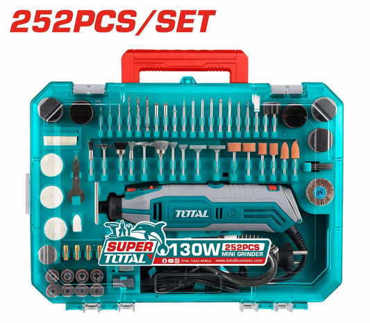 Mini-meuleuse droite TOTAL TG5133261 130W – 251 accessoires, vitesse 10 000-35 000 tr/min, arbre flexible, étui BMC, polissage gravure ponçage
