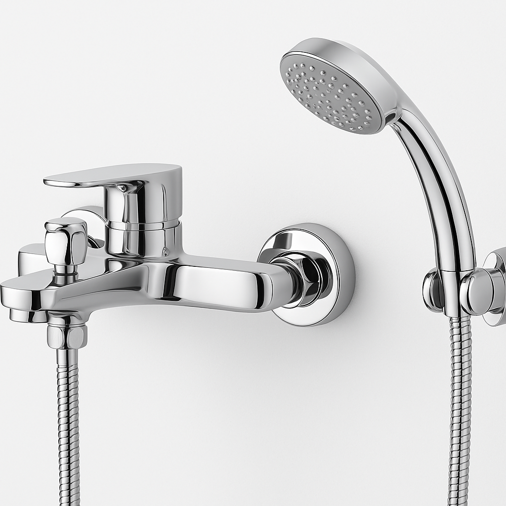 Mitigeur bain douche chrome FRAMO A100 kit complet – douchette ergonomique + flexible anti-torsion, commutateur bain/douche intégré, fabrication italienne premium
