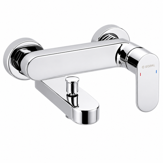 SOPAL Mitigeur de Bain/Douche Mural Série Sfax Réf. 06C0A04 — Inverseur Automatique Verrouillable, Support Douchette Mobile, Air Power, Energy Saving, Water Saving, Cartouche Céramique Ø35mm, Chromé NF EN ISO 1456, Laiton, Garantie 5 Ans, Made in Tunisia | SQES Tunisie
