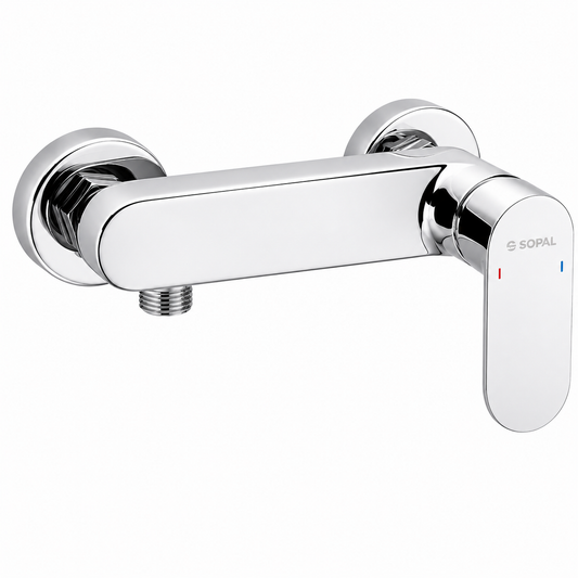 SOPAL Mitigeur de Douche Mural Série Sfax Réf. 06C1A04 — Douchette avec Flexible 1,5m et Support Inclus, Cartouche Céramique Ø35mm Water Saving, Chromé NF EN ISO 1456, Laiton, Monocommande, Garantie 5 Ans, Made in Tunisia | SQES Tunisie
