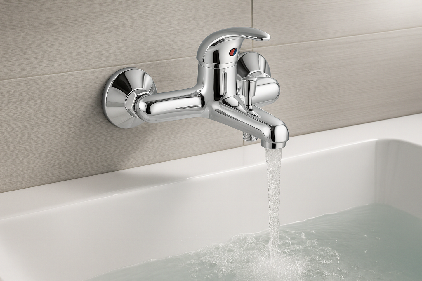 Mitigeur en fonctionnement avec eau coulant dans baignoire