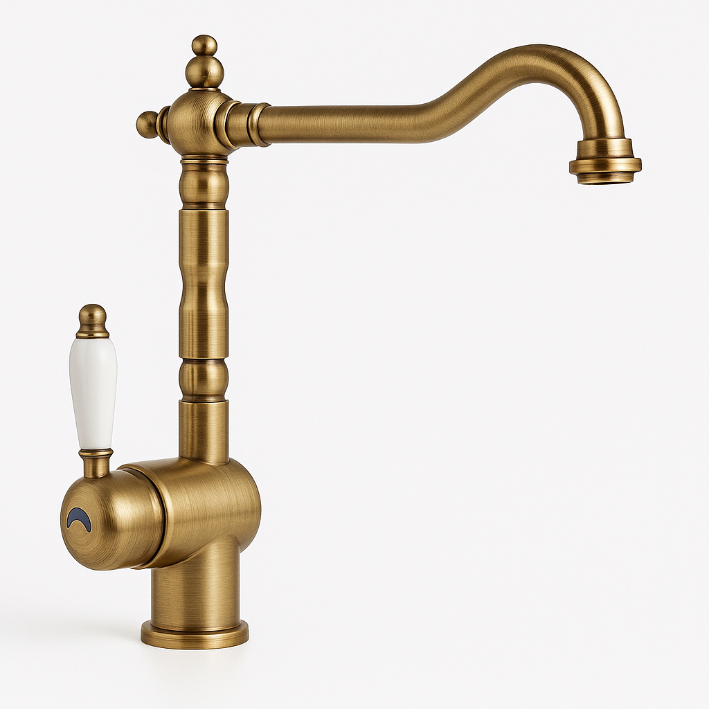 Mitigeur évier bec mobile pivotant bronze antique FRAMO – laiton massif, poignée porcelaine blanche, style vintage rétro, fabrication italienne premium
