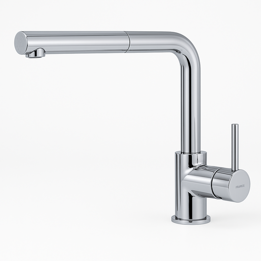 Mitigeur évier chrome FRAMO 620 avec douchette extractible – 2 jets, bec pivotant 360°, cartouche céramique, fabrication italienne premium
