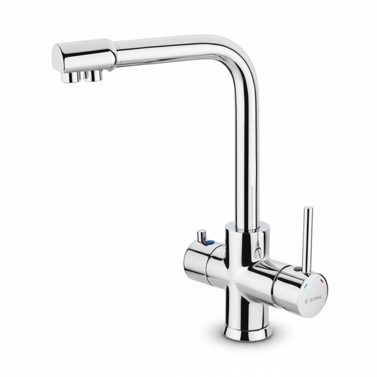 Mitigeur évier chrome FRAMO I304 – 3 entrées (eau chaude, froide, filtrée), 2 sorties, aérateur 2 fonctions, bec 360°, cartouche céramique 40mm, certification CE
