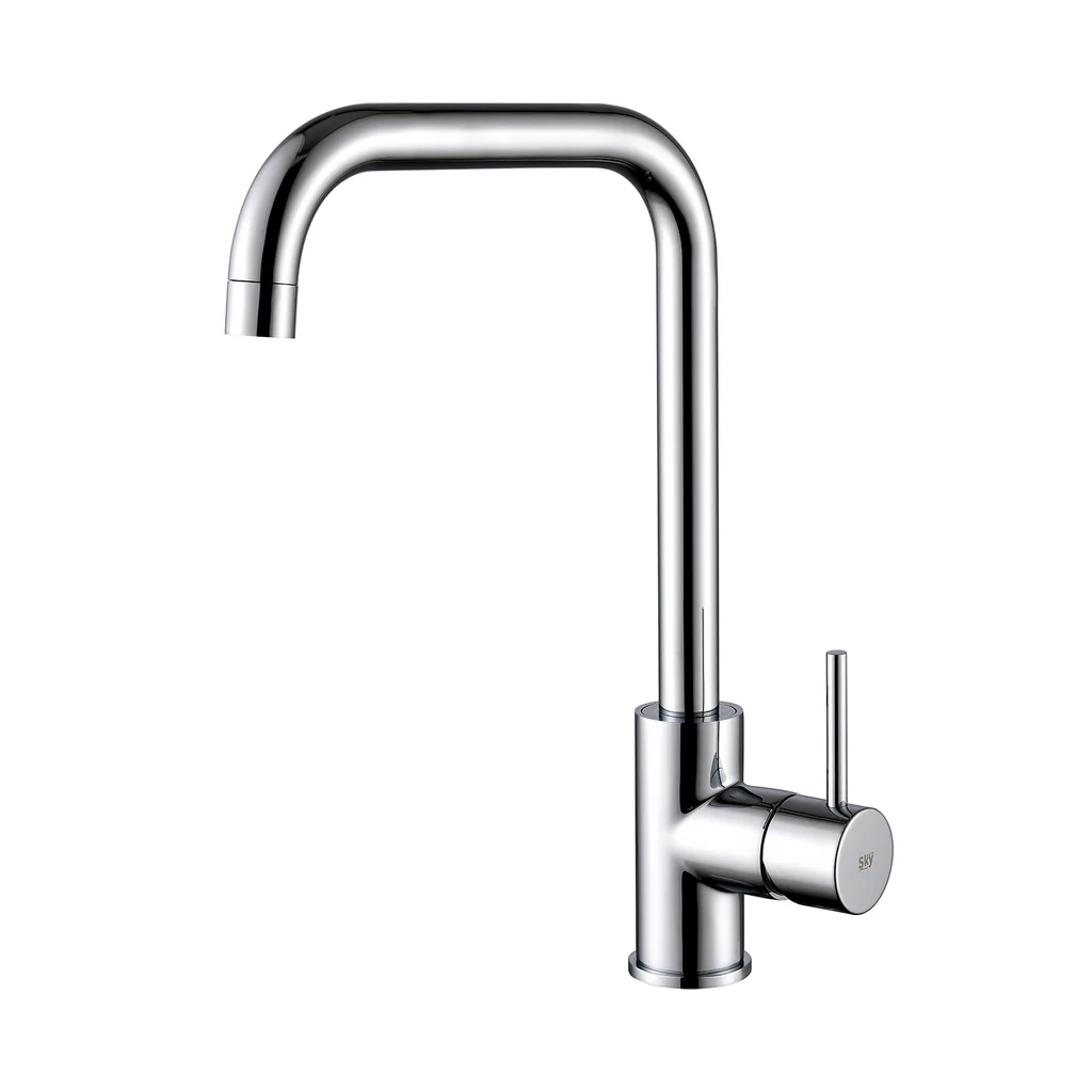 Mitigeur évier FRAMO 519 chrome design carré – laiton massif, cartouche céramique 40mm, rotation 360°, lignes géométriques épurées, fabrication italienne premium
