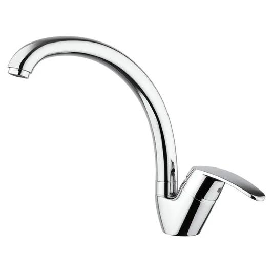 Mitigeur évier FRAMO 520 chrome poli – bec haut courbé, cartouche céramique, levier monocommande, fabrication italienne premium

