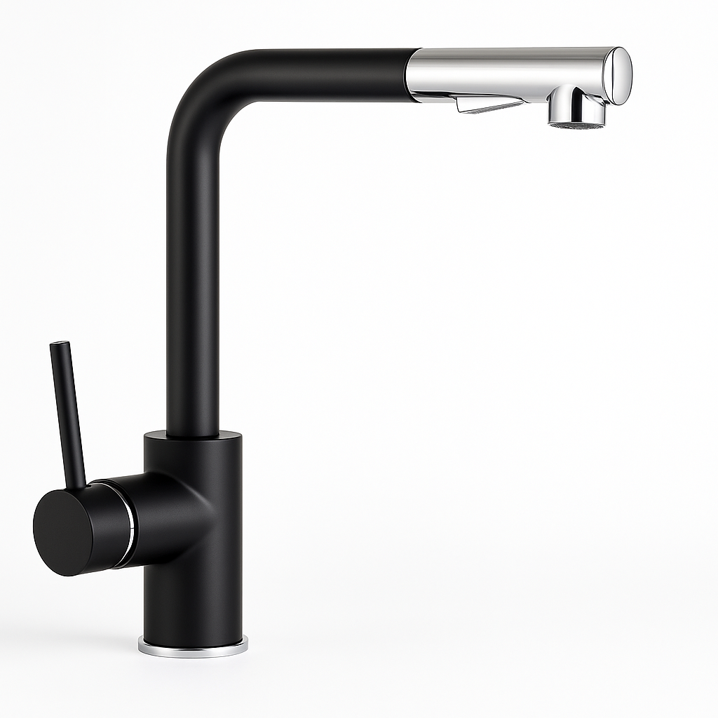 Mitigeur évier FRAMO 620 noir mat avec douchette extractible – double jet, bec pivotant 360°, cartouche céramique, fabrication italienne premium
