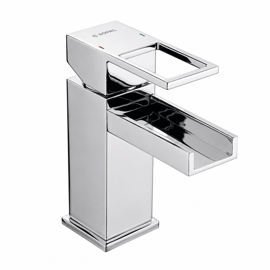 SOPAL Mitigeur de Lavabo Série Zaghouan Réf. 06EYA04 — Bec Cascade en U, Écoulement Cascade Naturel, Cartouche Céramique Ø35mm Water Saving, Chromé NF EN ISO 1456, Laiton, Monocommande, Garantie 5 Ans, Made in Tunisia | SQES Tunisie
