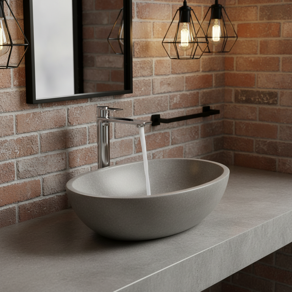 Mitigeur long sur vasque pierre industrielle