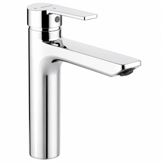 SOPAL Mitigeur de Vasque Long Série Douz Réf. 06BCA04 — Bec Haut pour Vasque à Poser, Air Power, Energy Saving, Water Saving, Cartouche Céramique Ø40mm, Chromé NF EN ISO 1456, Laiton, Monocommande, Garantie 5 Ans, Made in Tunisia | SQES Tunisie