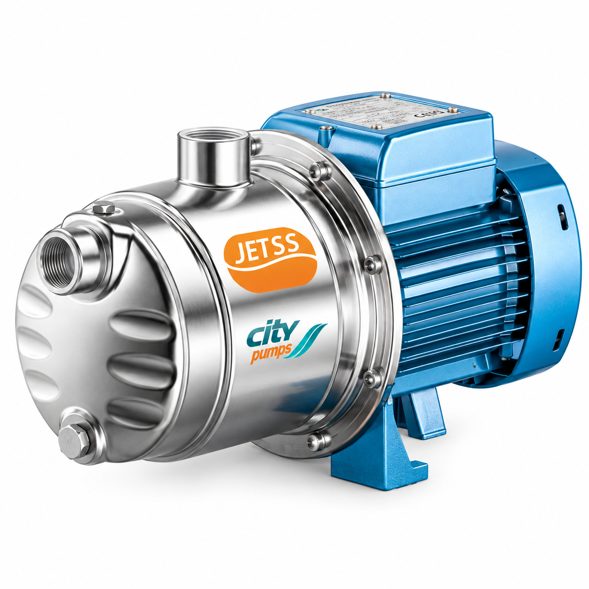 Motopompe CITY PUMPS JET08M INOX 0,75 CV, débit maxi 60 L/min, hauteur 48 m et aspiration jusqu'à 9 m.
