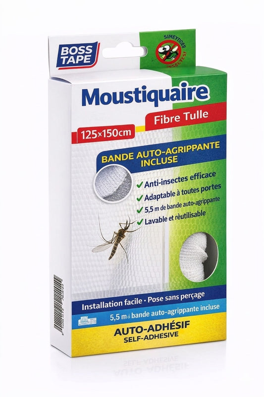 Moustiquaire BOSS TAPE 150x125cm auto-adhésive avec scratch. Protection anti-moustiques, installation facile. Livraison Tunisie !