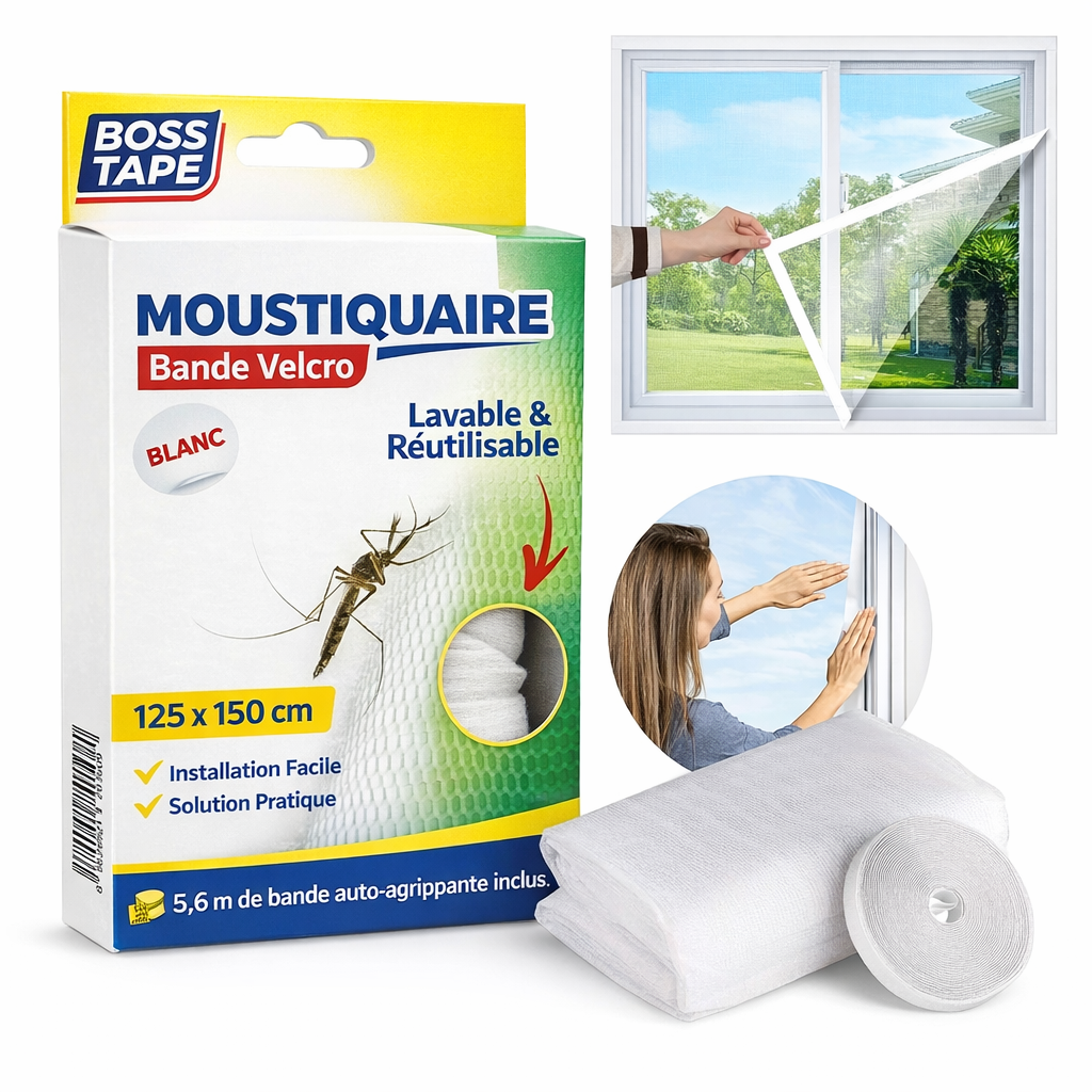 Moustiquaire fenêtre Boss Tape 150x125cm – auto-adhésive avec scratch réutilisable, protection moustiques et insectes sans outils
