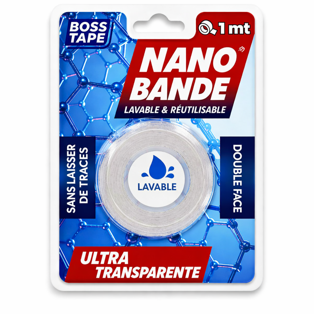 Nano ruban adhésif double face BOSS TAPE transparent 19mm x 1m, lavable et réutilisable, sans résidus. Fixation ultra-forte multi-surfaces. SQES Ariana Tunisie.