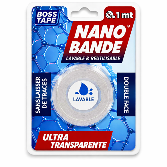Nano ruban adhésif double face BOSS TAPE transparent 19mm x 1m, lavable et réutilisable, sans résidus. Fixation ultra-forte multi-surfaces. SQES Ariana Tunisie.