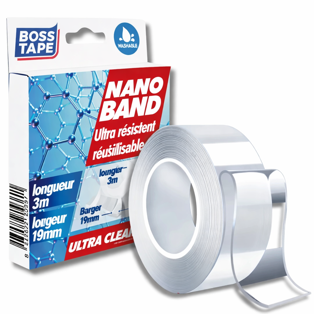 Nano tape double face transparent Boss Tape 19mm x 3m – lavable et réutilisable, fixation sans traces, décoration et bricolage

