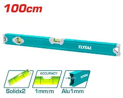 Niveau à bulle aluminium TOTAL 3 fioles [Xcm] – surfaces fraisées précision, embouts caoutchouc, anti-gauchissement

