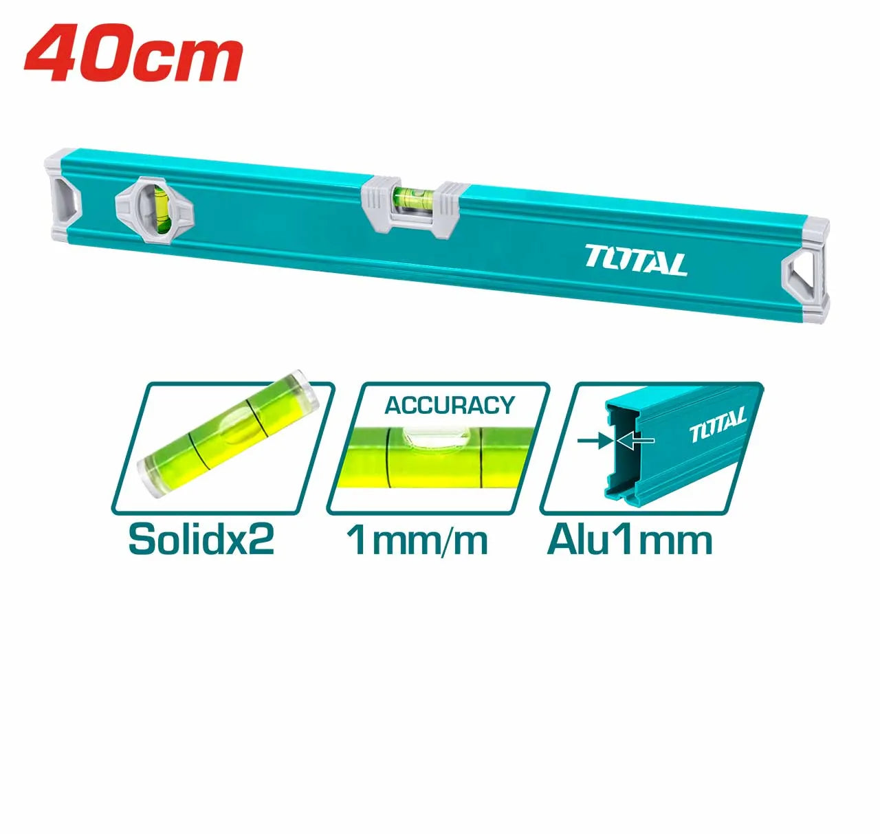 Niveau à bulle aluminium TOTAL 3 fioles [Xcm] – surfaces fraisées précision, embouts caoutchouc, anti-gauchissement
